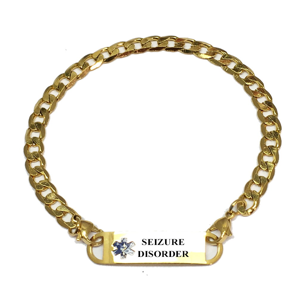 Seizures Gold Plated Curb Link Medical Alert Bracelet Pre Engraved Seizures Gold Plated Curb Link Medical Alert Bracelet